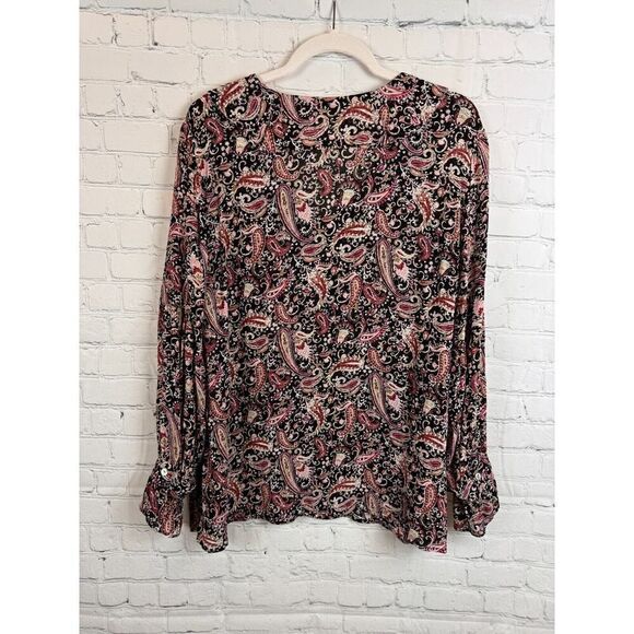J.JILL black pink paisley rayon bishop sleeve frill swing blouse top L NWOT - Picture 8 of 9